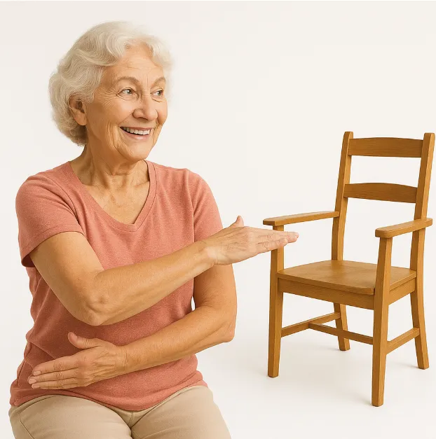 Senior woman demonstrating armchair exercises for elderly